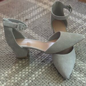 Gray Suede Ankle Strap Heels • Pointed Toe • Low Block Heel (2”) • NEW